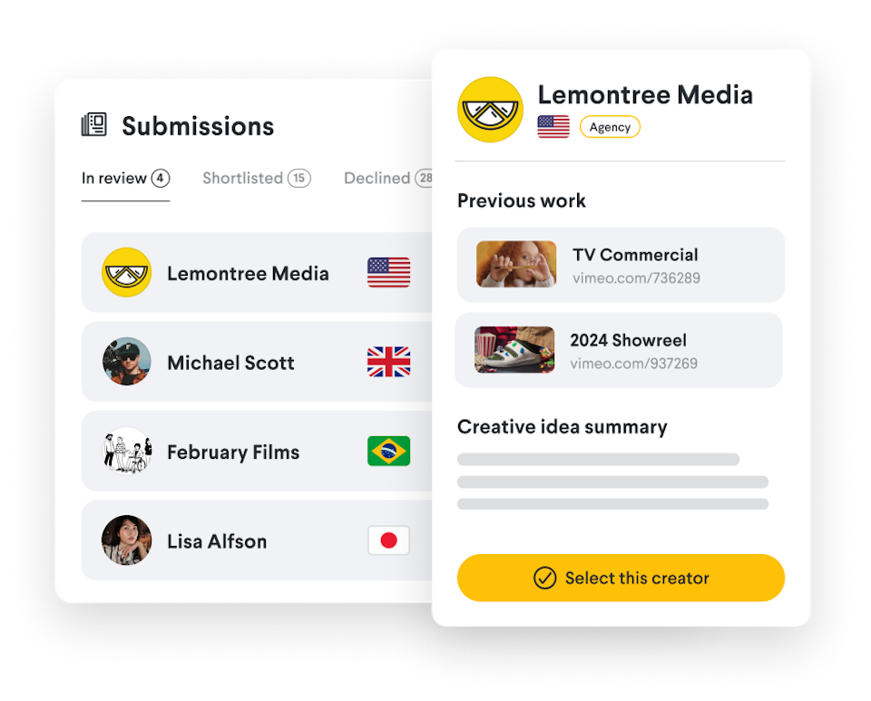 Interface of Genero's creative submission platform showcasing agency profiles, including flags indicating origin and an option to select a creator.