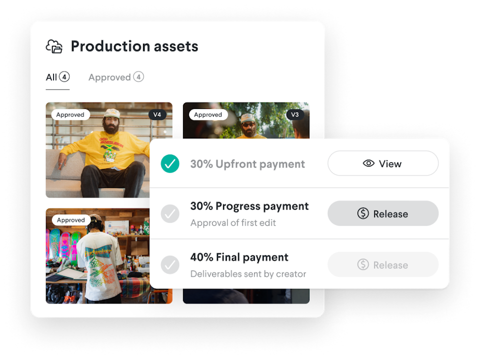 Screenshot showing Genero's platform production assets interface with approved images and a payment structure, including upfront, progress, and final payments.