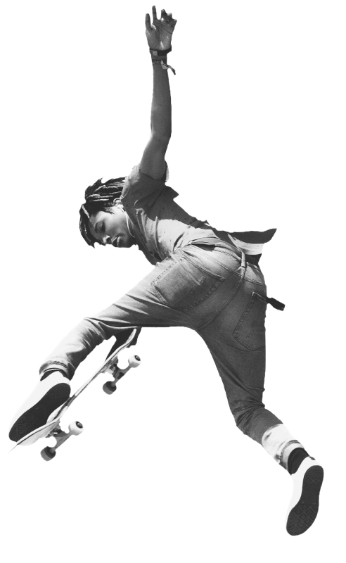 Skateboarder performing a mid-air trick against a plain background.