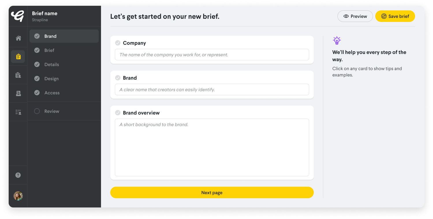 A preview of the briefing form.